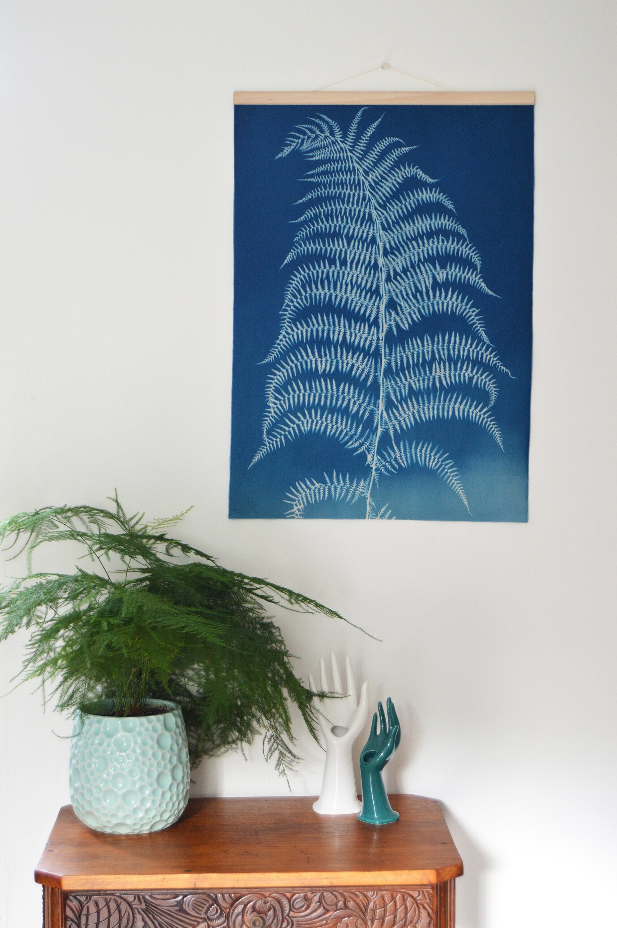 Cyanotype sur Tissu Grande Fougère - Tenture Murale Impression Cyanotype Affiche Botanique Pièce Uni