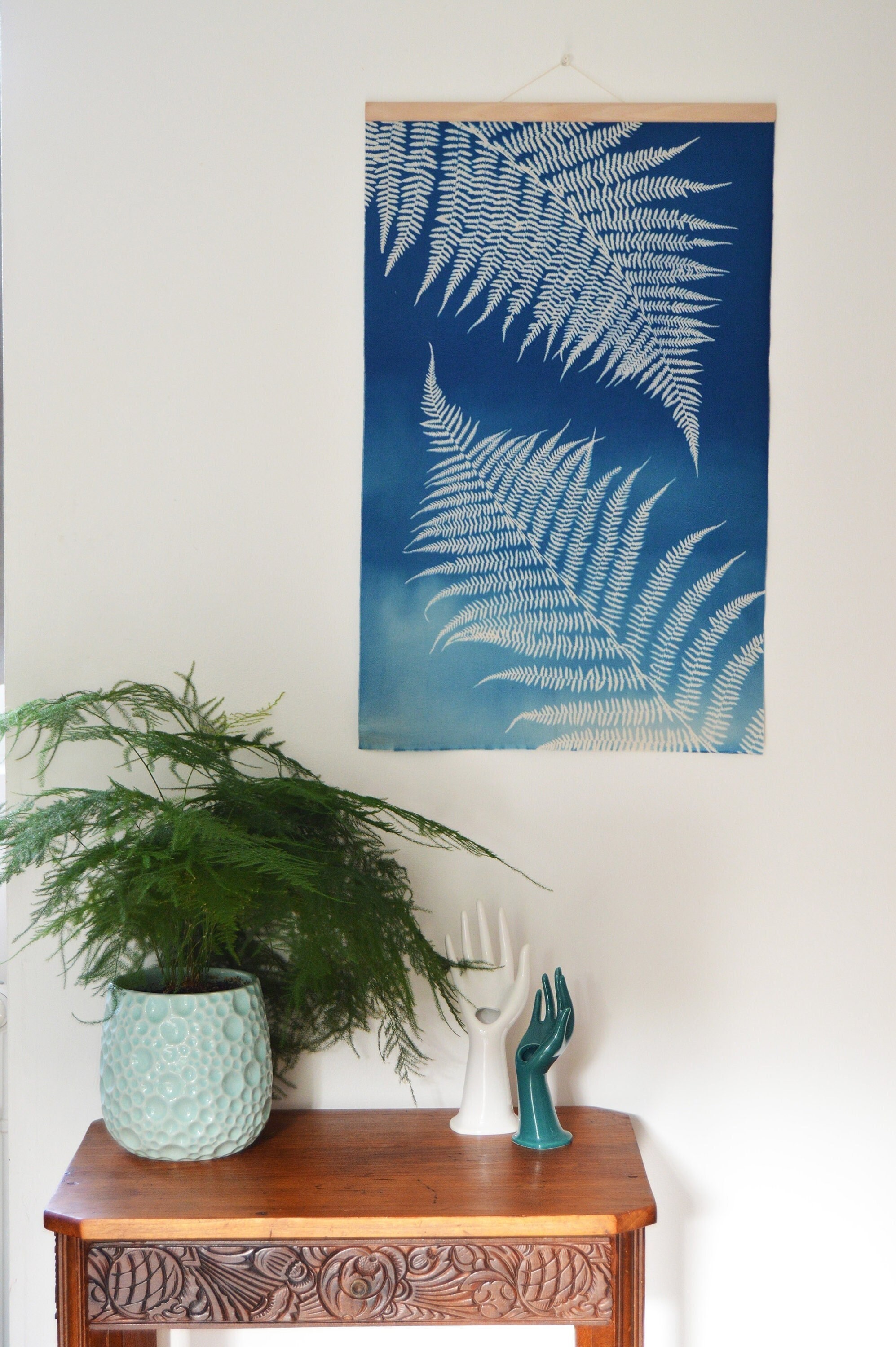 Cyanotype sur Tissu Grandes Fougères - Tenture Murale Impression Cyanotype Affiche Botanique Pièce U