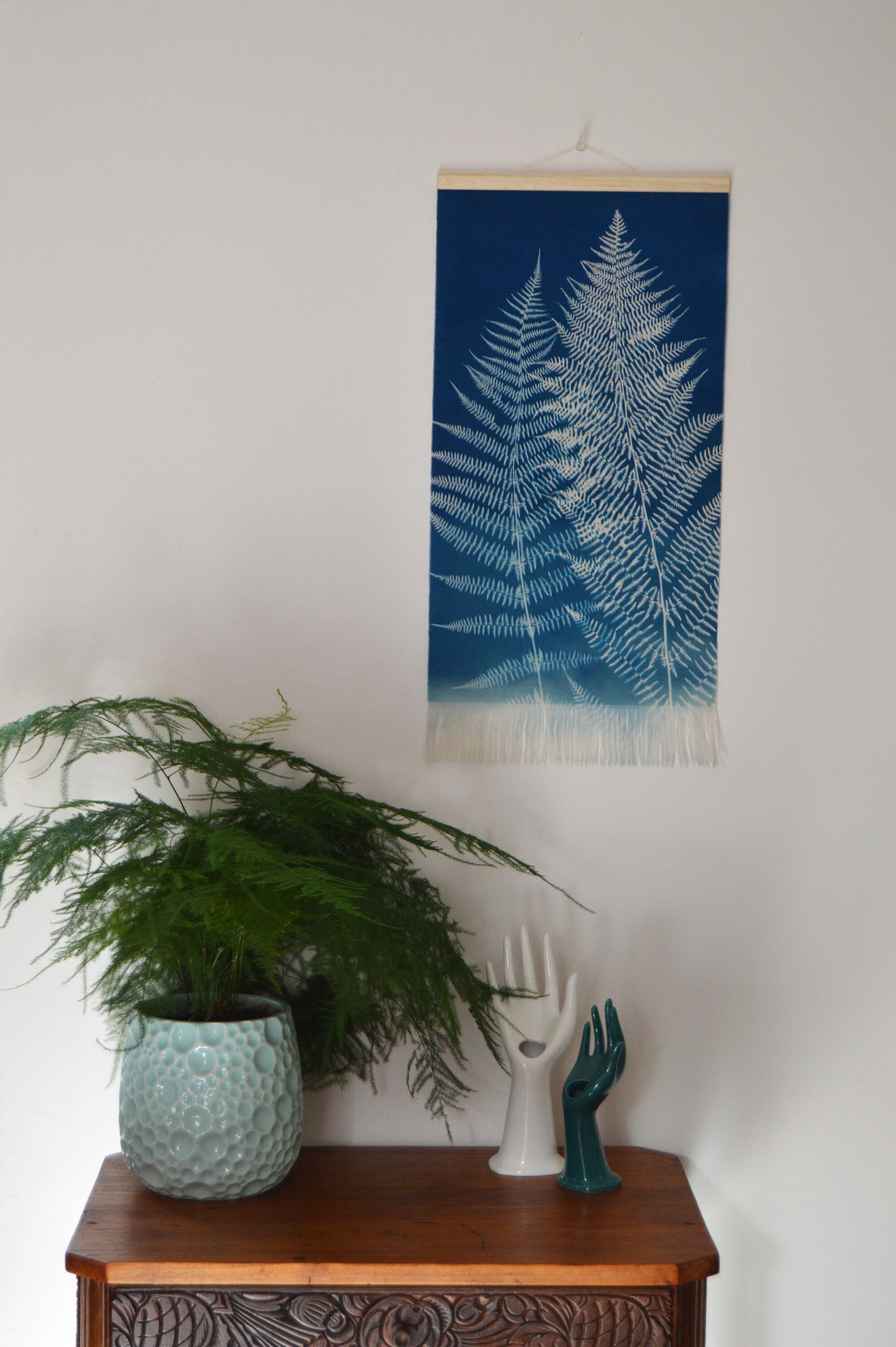 Cyanotype sur Tissu Feuilles de Fougère - Tenture Murale Impression Cyanotype Affiche Botanique Pièc