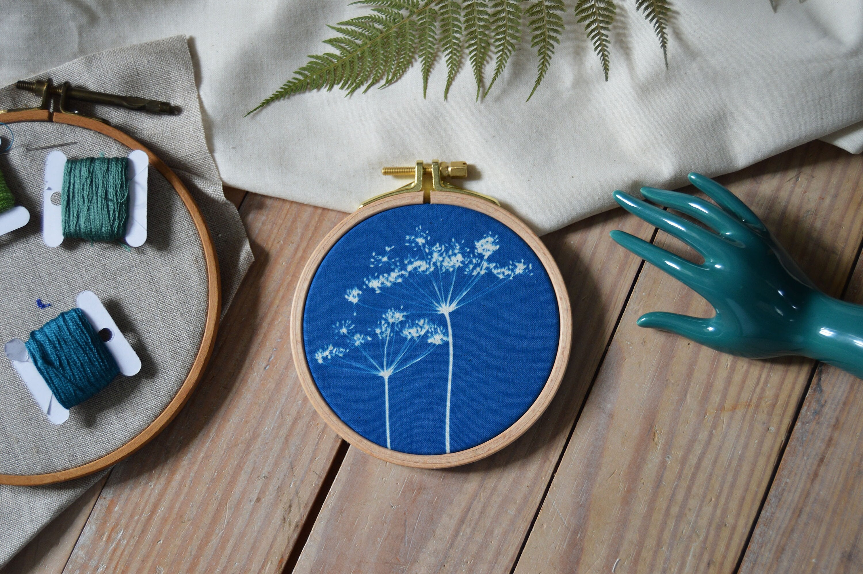 Cyanotype sur Tissu Duo Fleur d'aneth - Tambour à Broder Impression Cyanotype Affiche Botanique Pièc