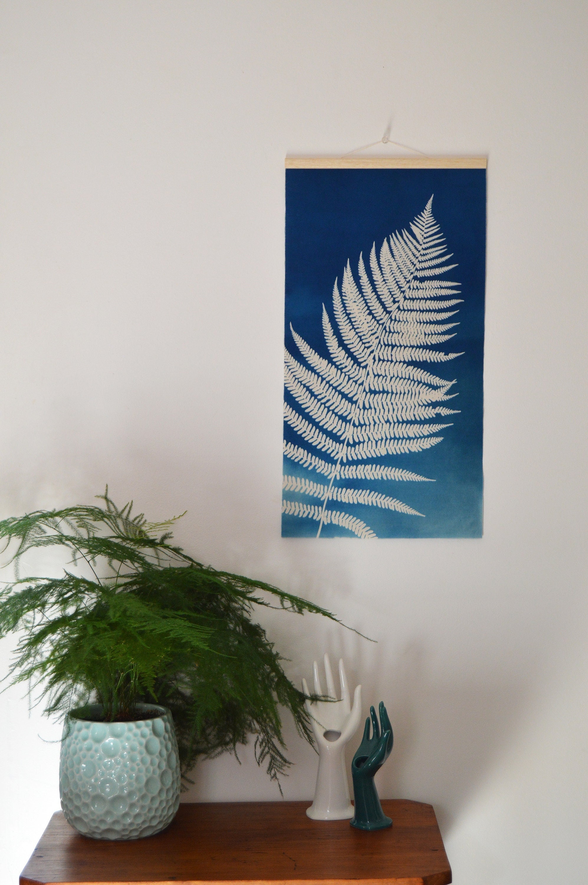 Cyanotype sur Tissu Fougère Mâle - Tenture Murale Impression Cyanotype Affiche Botanique Pièce Uniqu