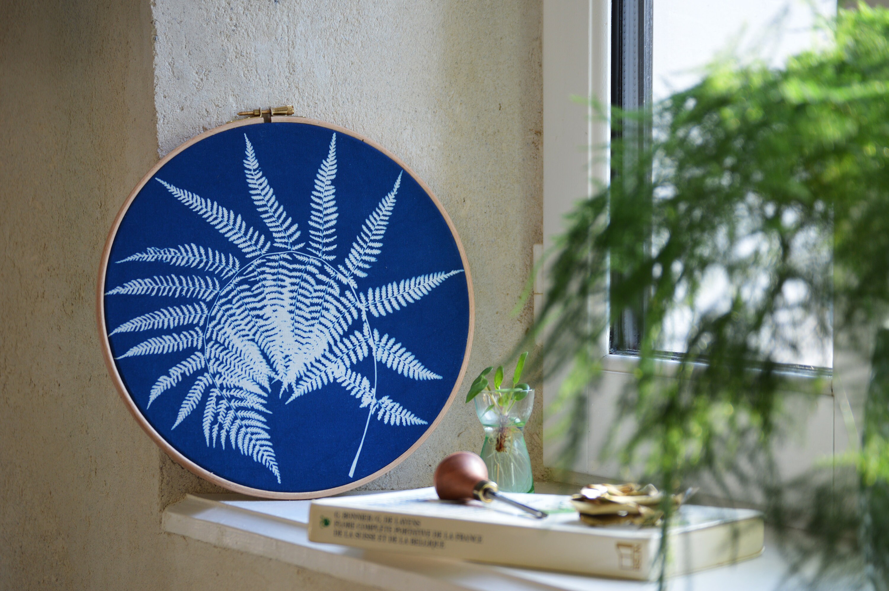 Cyanotype sur Tissu Fougère Rayonnante - Tambour à Broder Impression Cyanotype Affiche Botanique Piè