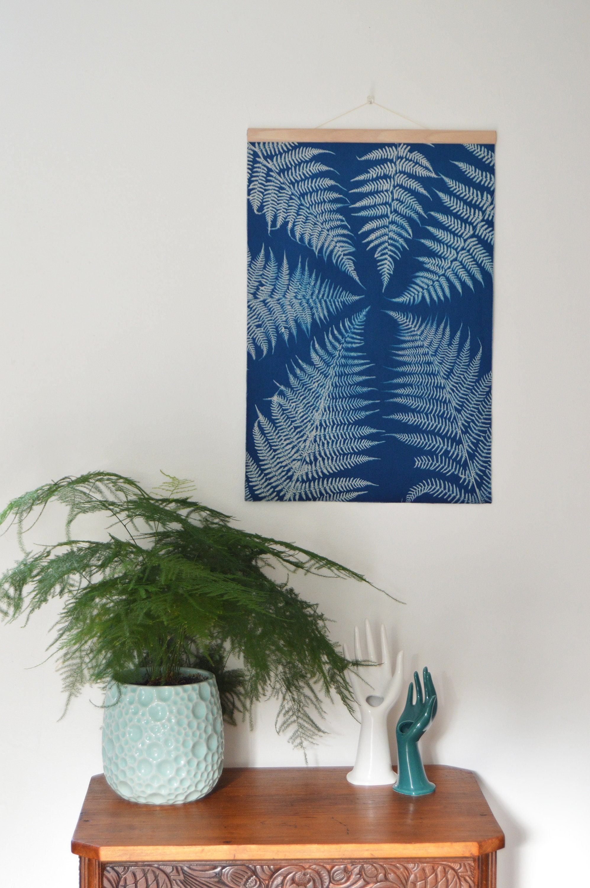 Cyanotype sur Tissu Feuilles de Fougère - Tenture Murale Impression Cyanotype Affiche Botanique Pièc