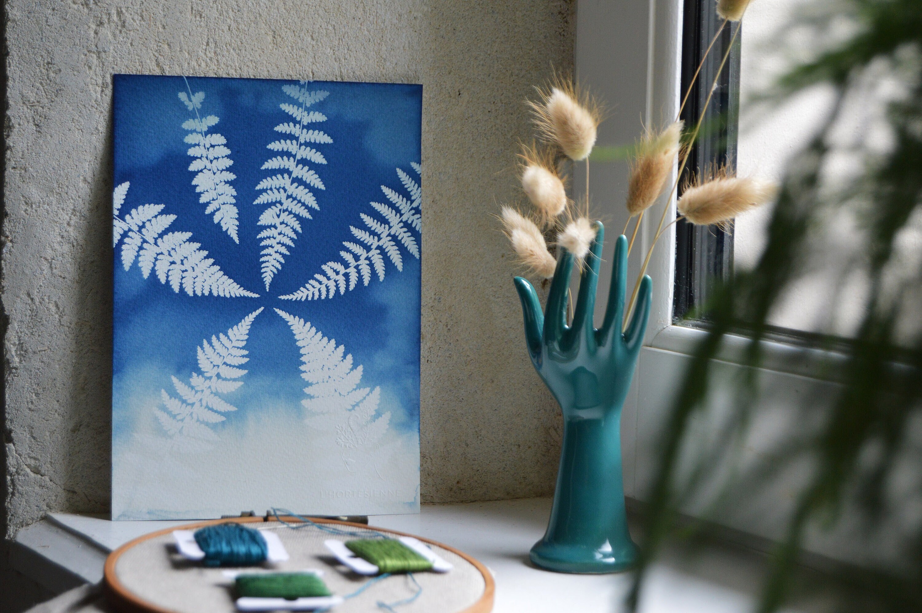 Cyanotype Fougère Aquarelle - Affiche A5 Impression Cyanotype Botanique Pièce Unique