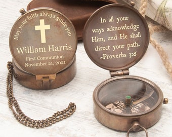 Personalized Engraved Compass, Baptism Gift for grandson, First Communion Gift Boy, Confirmation Gift for godson, Religious gifts