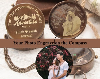 Anniversary gift for him, Personalized  Compass for Boyfriend, Photo Engraved Compass for Couple Gift, Gift for Family