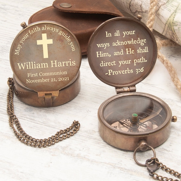 Personalisierter Kompass mit Gravur, Taufgeschenk für Enkel, Kommunion Geschenk Junge, Konfirmation Geschenk für Patenkind, Religiöse Geschenke