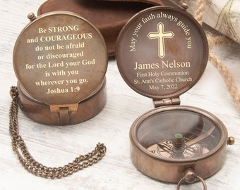 Personalized Working Brass Compass: Baptism, First Communion, Confirmation Gift