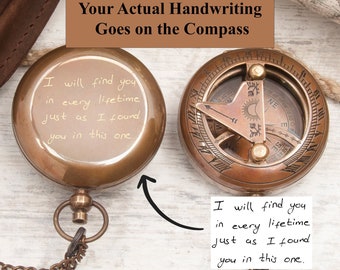 Personalized Brass Compass, Engraved Handwritten Message Anniversary Gift