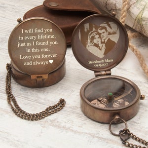 Personalized Photo Engraved Compass – Custom Husband Gift, Copper Anniversary Keepsake, Wedding Gift for Him, Adventure Compass with Photo