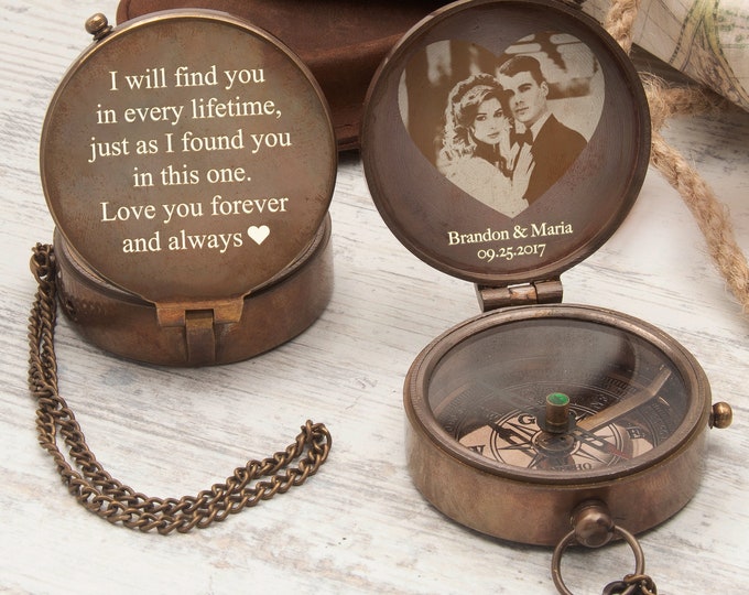 Personalized Photo Engraved Compass, Custom Husband Gift, Copper Anniversary Keepsake, Wedding Gift for Him, Adventure Compass with Photo