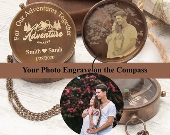 Anniversary Gift, Personalized Compass, Unique Design, Vintage Concept, Hand-made Product, Photo engraved
