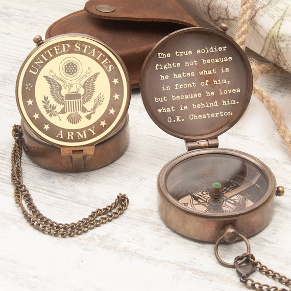 Voll Funktionsfähiger Messing-Kompass Mit Lederetui - Antik Vintage Stil, 5,1x5,1x2 Cm, Personalisierbar Als Geschenk