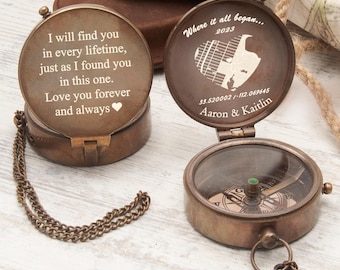 Engraved Brass Compass: First Date Coordinates, Photo/Handwriting Gift