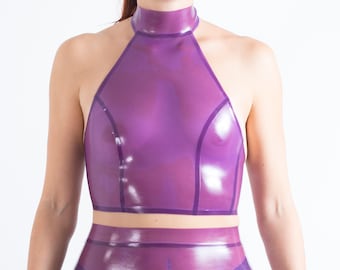 Isabel Bow Latex Top - Halter Backless Crop Top