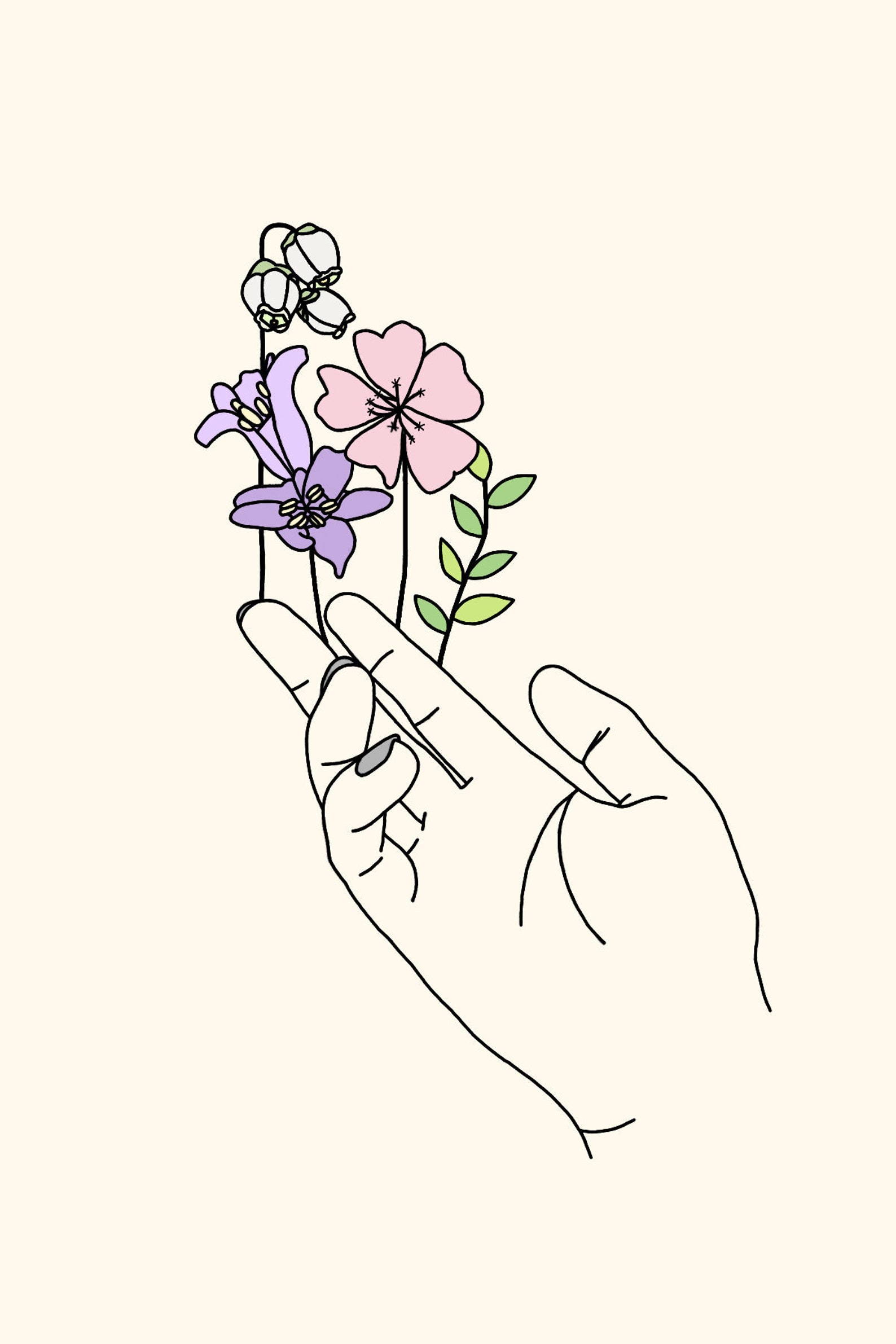 Hand holding flowers line art pastel digital art print | Etsy