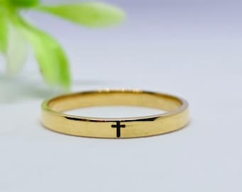 Anillo de cruz minimalista para hombre, anillo cristiano de oro, joyería de fe, regalo para San Valentín.