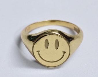Anillo de sello con cara sonriente en oro | Anillo retro con cara feliz grabada | Regalo minimalista para San Valentín y parejas