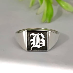 Old English Letter B ring, Sterling Silver Engraved Ring, Custom Initial ring, Personalized Gift for Him , mens square signet pinky rings