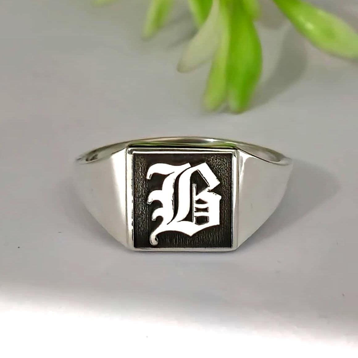 Old English Letter B ring, Sterling Silver Engraved Ring, Custom Initial ring, Personalized Gift for Him, mens square signet pinky rings