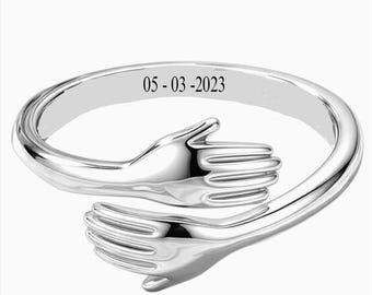 Anillo de plata de ley 925, anillo personalizado con la inscripción "Abrazo de amor", anillo grabado para la mano, anillo para parejas, regalo para mejores amigos, anillo minimalista ajustable para abrazar.