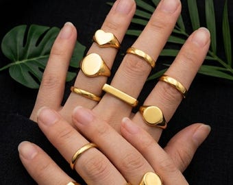 Anillo de sello de oro con envío rápido y gratuito para hombres y mujeres, joyería personalizada, regalo para ella o para él, cumpleaños, aniversario, boda, banda abovedada grabada.