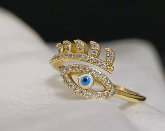 Anillo chapado en oro con ojo turco - Diseño azul y circonita cúbica - Anillo de protección - Regalo para ella - Regalos de cumpleaños para hijas - Regalos para mamás