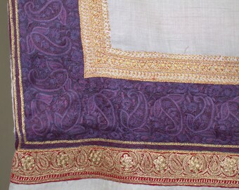 40x80" White Pure Pashmina Shawl with PATCHED Sozni border, Handwoven and Hand Embroidered, 763