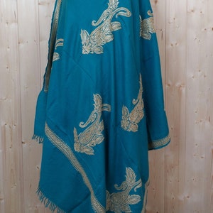 40x80 Ferozi Kashmir Pashmina Schal mit Gold Hand Tilla Zari Stickerei, 825