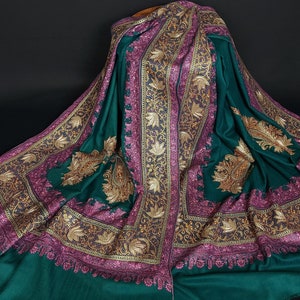 42x84 &quot;Flaschengrüne Hand Tilla Thread Kombination bestickte reine Pashmina Schal, 100% Original Kaschmir Schal, Hochzeitsschals, 718