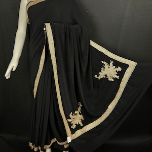 Pure Crepe Kashmiri Hand Tilla Work Saree in Black Color, M299