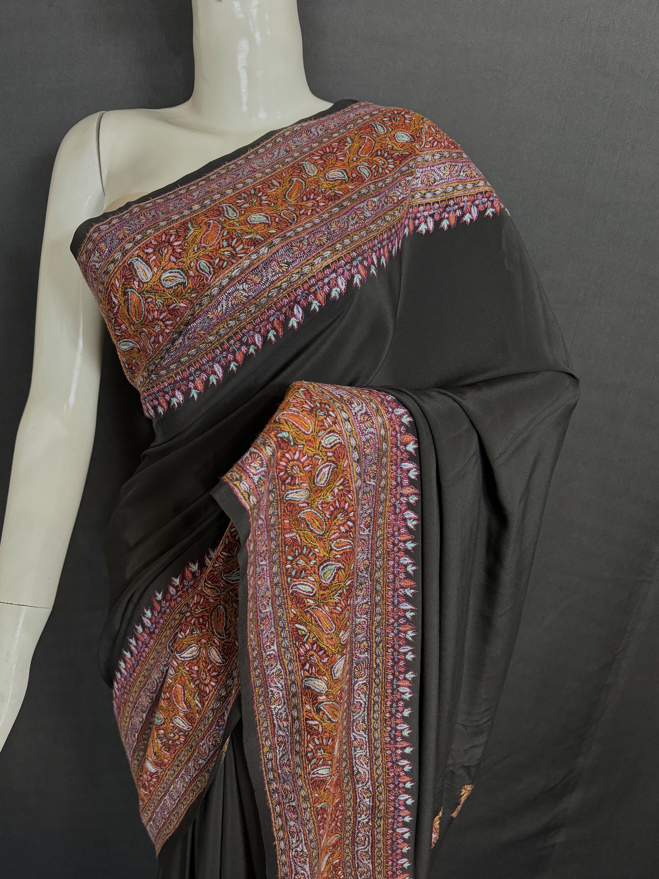 Vibrant Gajri Crepe Heavy Embroidered Kashmiri long Straight one Piece with Cute Potli
