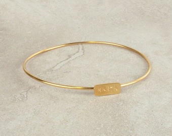 Name custom silver bangle bracelet, customized hand stamped name or two initial cuff, personalized silver gold plated name for mom gift.