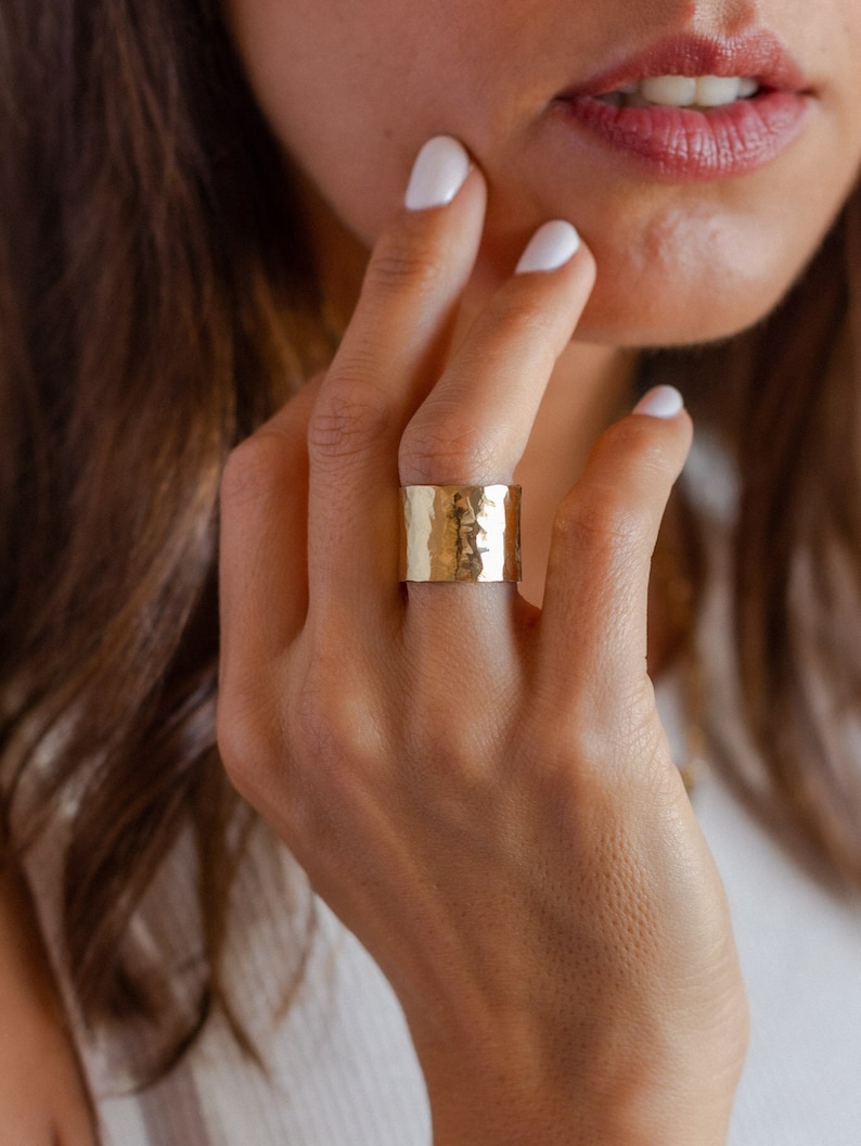 Custom cigar band ring, personalized hammered wide ring names engraved, custom gold plated initials message cuff ring for her, mom jewels image 1