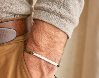 Men personalized hammered bar silver bracelet, custom name bracelet with adjustable macrame cord for dad, couple bracelet, father's day gift