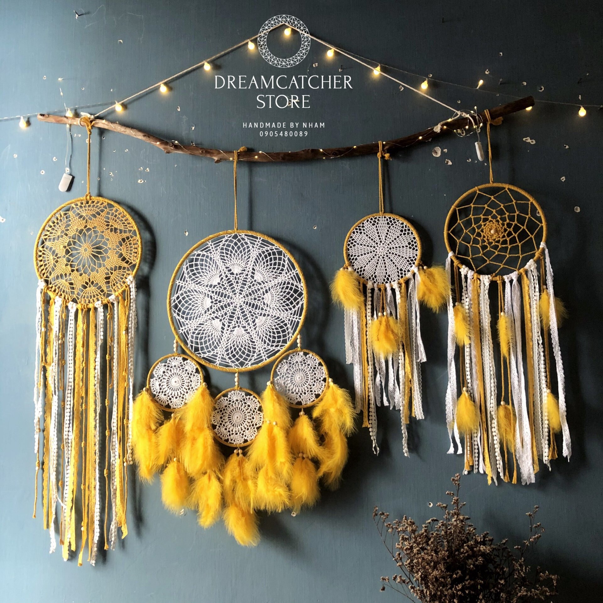 Set of 4 yellow dream catcher wall hanging Large dream Etsy