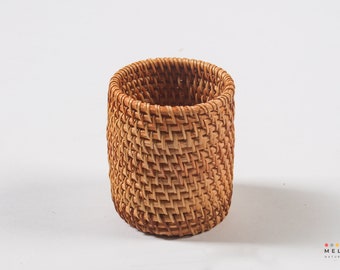 Natural Handmade Rattan Cylinder Pen Cutlery Holder - Kitchen Office Living Room Nursery Storage