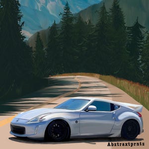 May include: A silver sports car is driving on a winding road through a forest with mountains in the background. The car has black wheels and a spoiler. The road has yellow lines. The text "Abztraxtprntz" is in the bottom right corner.