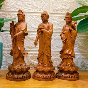 Hölzerne westliche drei heilige Buddha-Statuen, handgemachte drei Buddha-Statuen-Verzierung für Buddish, hölzerne Buddha-Statue, Bodhisattva-Statue