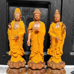 Wooden Western Three Holy Buddha Statues, Handmade Three Buddha Statues Ornament For Buddish, Wooden Buddha Statue, Bodhisattva Statue
