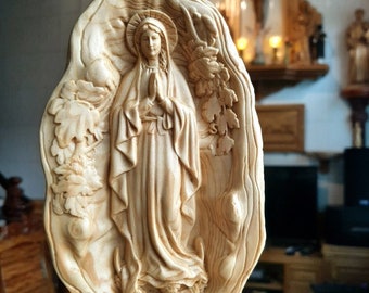 Estatua de madera de la Virgen María orando con las manos entrelazadas, Estatua de la Virgen Nuestra Señora María, Estatua de la Madre de Dios Jesucristo, Arte Católico