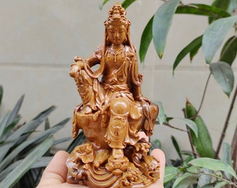 Handicrafted Wooden Statue Of Guan Yin Bodhisattva Sitting On Lotus, Guan Yin Wood Statue Boxwood Feng Shui, Guanyin Statue Boxwood