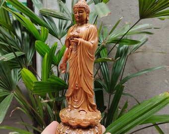 Handicrafted Incense Wood Buddha Statue Standing On Lotus, Handcrafted Shakyamuni Meditating Buddha Statue, Wooden Shakyamuni  Buddha