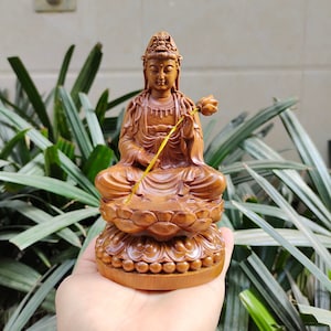 Handicrafted Wooden Statue Of Guan Yin Bodhisattva Sitting On Lotus, Guan Yin Wood Statue Boxwood Feng Shui, Guanyin Statue Boxwood