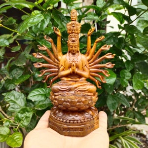 Thousand Hand Kuan Yin Statue Sitting On Lotus, Chinese GuanYin Wood Statue Feng Shui, Thousand-hand Bodhisattva Guan Yin Buddha Statue