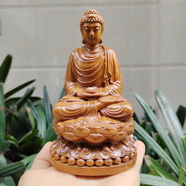 Handcrafted Incense Wood Meditating Buddha Statue on Lotus