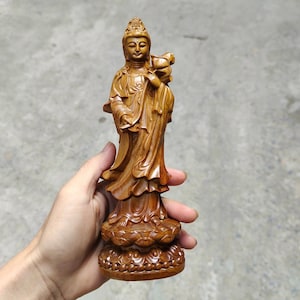Handicrafted Wooden Statue Of Guan Yin Bodhisattva Stading On Lotus, Guan Yin Wood Statue Boxwood Feng Shui, Guanyin Statue Boxwood