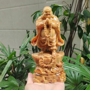 Carved Wooden Maitreya Buddha Statue, Smiling Maitreya Buddha, Vintage Laughing Happy Buddha Statue, Handmade Fengshui Statues