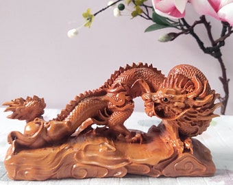 Wooden Dragon Statue, Green Cypress, Feng Shui Decor