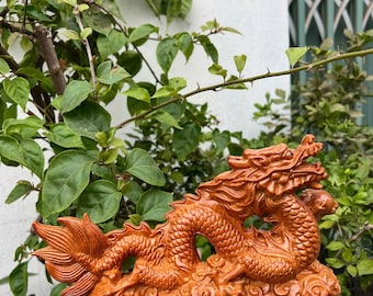 中国の龍の頭の像、吊り下げ彫刻、壁アート、木製の龍、風水、手作り